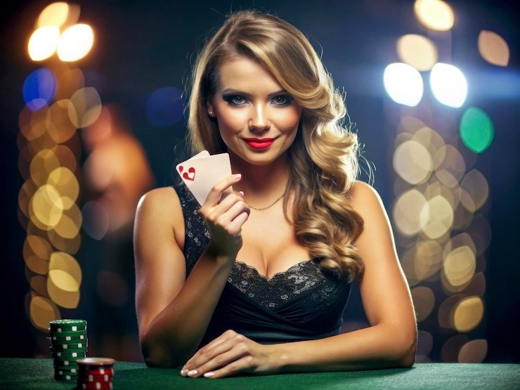 Meja casino dengan permainan kartu live yang interaktif dan dealer profesional dalam suasana modern